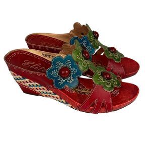 Elite by Corky’s Leather Wedge Sandals Size 10 Red Multicolor Floral Slip On